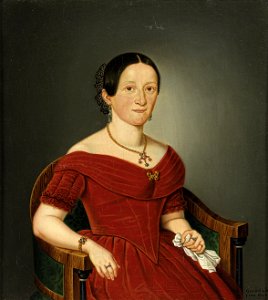 Portrait einer eleganten Dame in rotem Kleid und Biedermeierschmuck 1844