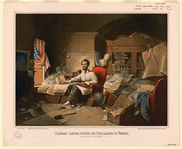 President Lincoln, writing the Proclamation of Freedom. January 1st, 1863 - painted by (David Gilmour) Blythe ; lithogr. and printed in colors by Ehrgott, Forbriger & Co. Cincinnati, O. LCCN2004665377