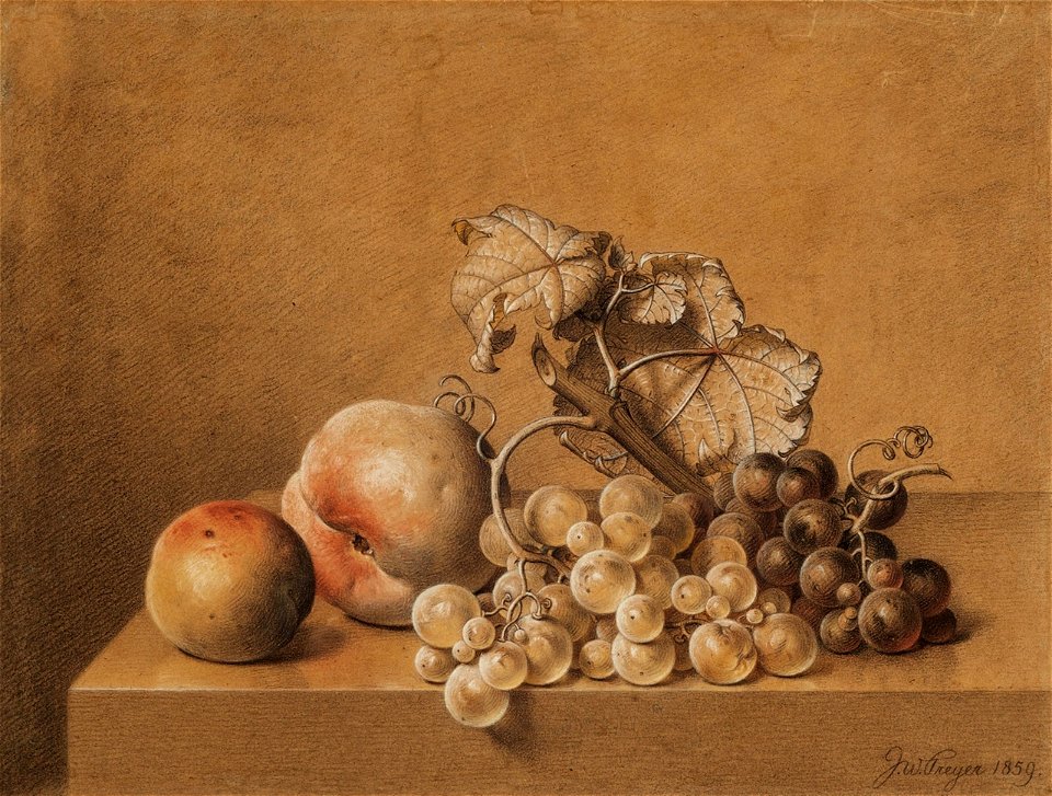 Johann Wilhelm Preyer - Stillleben mit Pfirsich und Trauben (1859)
