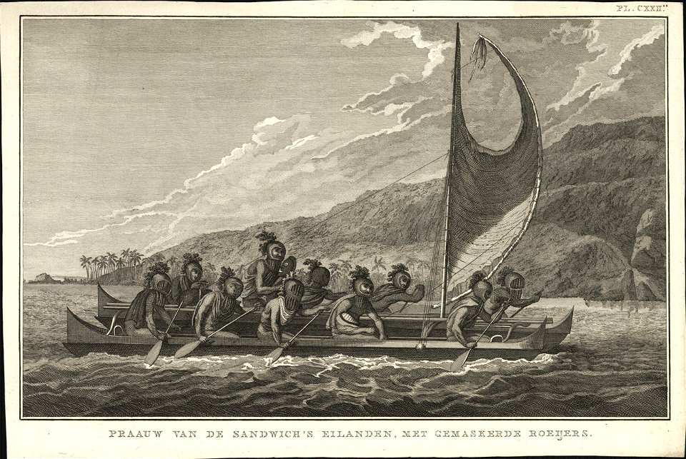 Praauw van de Sandwich's Eilanden, met gemaskerde roeijers, objectnr A 56901