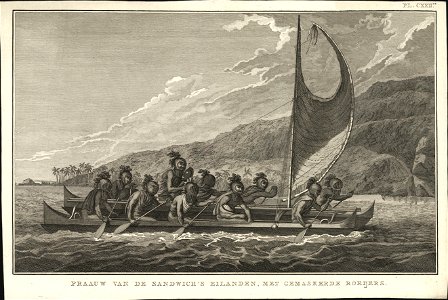 Praauw van de Sandwich's Eilanden, met gemaskerde roeijers, objectnr A 56901