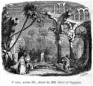Press illustration of Act3 (scene3) of 'La fiancée d'Abydos' by Barthe at the Théâtre Lyrique 1865 - Gallica