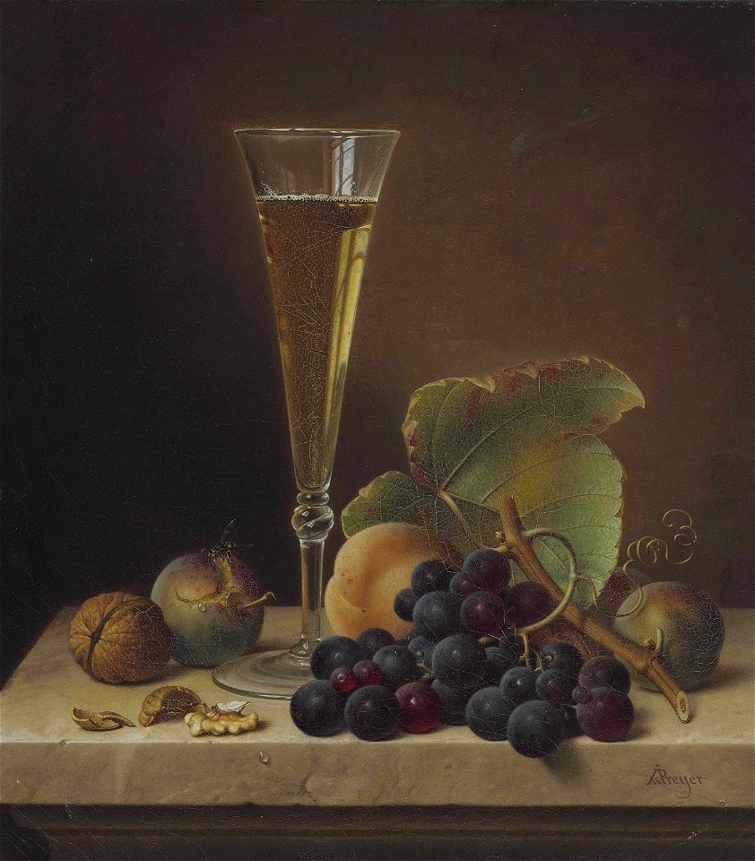 Johann Wilhelm Preyer - Stillleben mit Früchten, Walnüssen und Sektflöte