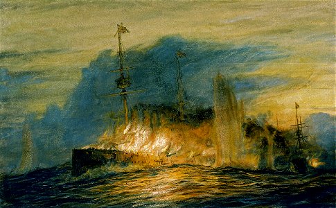 Rear-Admiral Christopher Cradock's flagship, HMS 'Good Hope', on fire before blowing up at the Battle of Coronel, 1 November 1914 RMG PW1790