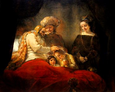 Rembrandt, Jacob Blessing the Children of Joseph. Free illustration for personal and commercial use.