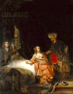 Rembrandt - Potiphars vrouw klaagt Jozef aan bij haar man (1655). Free illustration for personal and commercial use.