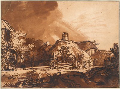 Rembrandt Harmenszoon van Rijn - Cottages under a Stormy Sky, c. 1635 - Google Art Project. Free illustration for personal and commercial use.