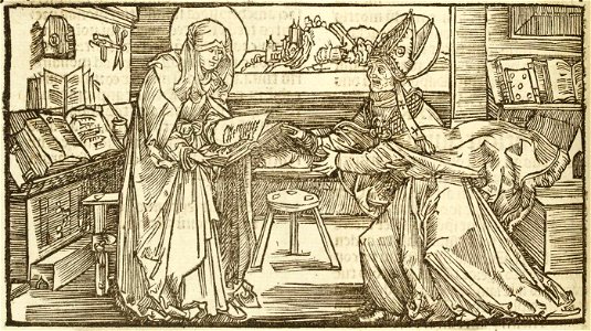 Revelationes Sancte Birgitte by Albrecht Dürer - St. Bridget in her chamber handing her work to a bishop (cropped)