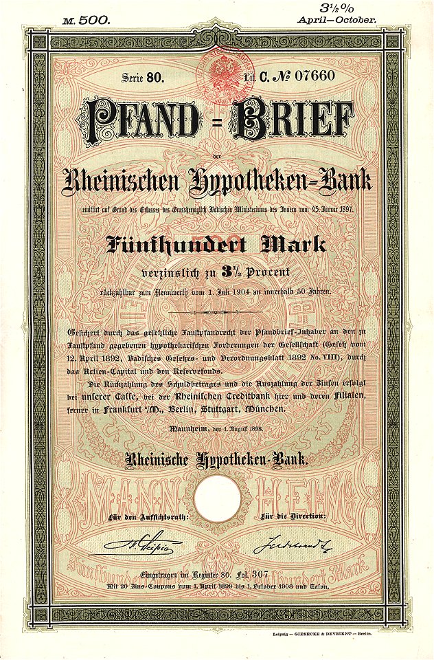 Rheinische Hypothekenbank 500 Mk 1898