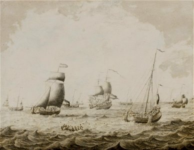 RIVER ESTUARY WITH SAILING SHIPS, FISHING BOATS, AND A ROWING BOAT IN THE FOREGROUND 