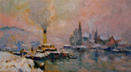 Robert Antoine Pinchon, L'île Lacroix en hiver (Island of Lacroix in winter), oil on canvas, 23.5 x 42 cm