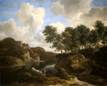 River Landscape with a Castle on a High Cliff by Jacob van Ruisdael, 1670s