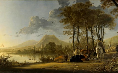 River Landscape with Horseman and Peasants. Free illustration for personal and commercial use.