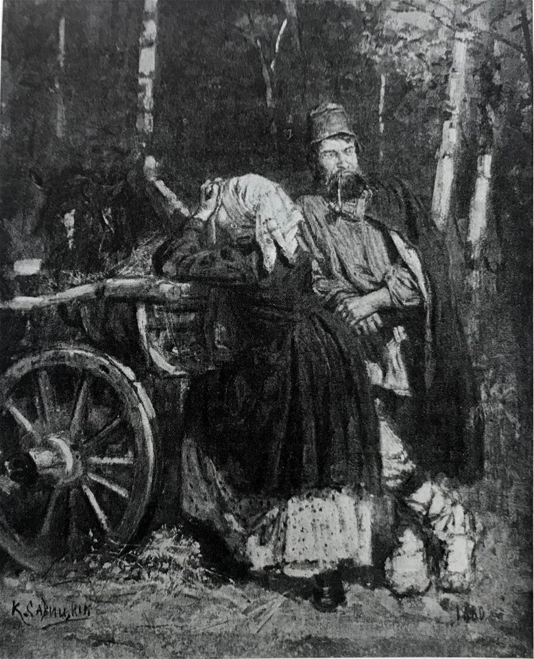 Savitsky To war 1880 fragment Crying woman and a peasant at a cart