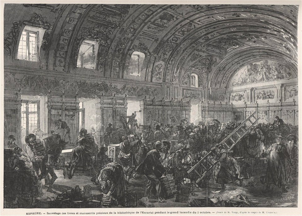 Sauvetage des livres et manuscrits précieux de la bibliotèque de l'Escurial pendant le grand incendie du 2 octobre, de Vierge