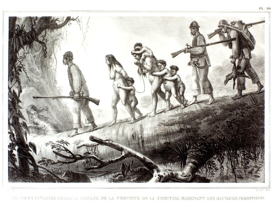 Sauvages civilisés soldats indiens de la province de la Coritiba, ramenant des sauvages prisionnières (1), da Coleção Brasiliana Iconográfica
