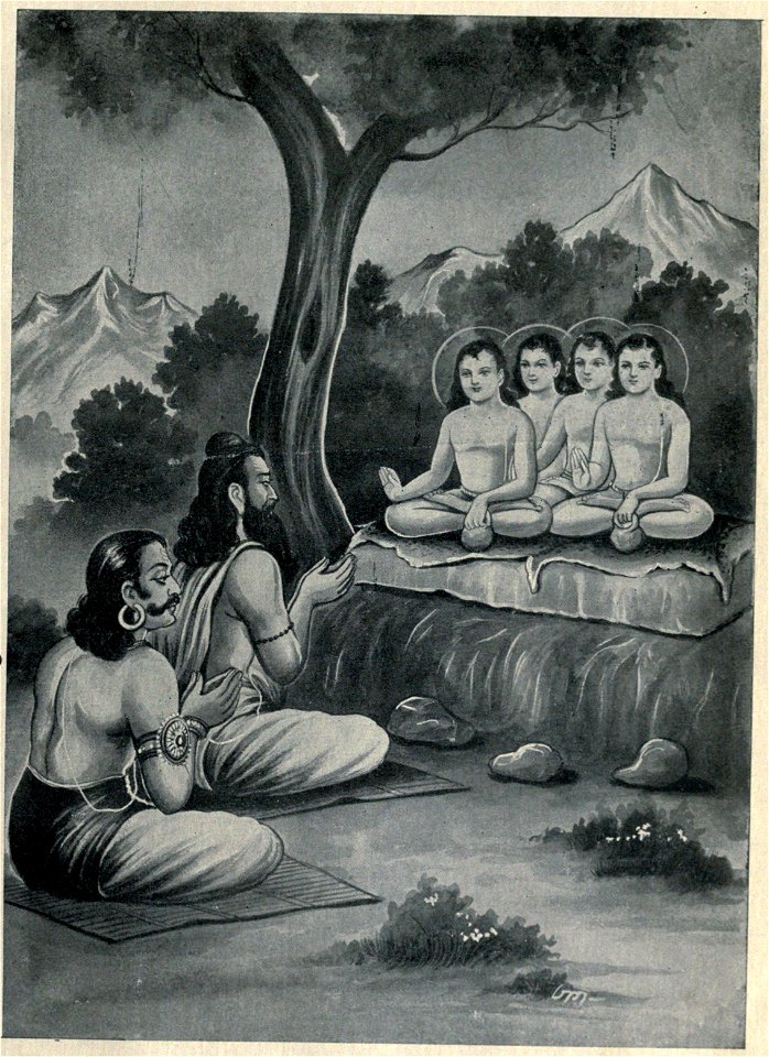 Sanaka and other sages preaching to Shukracharya and Vrutrasura