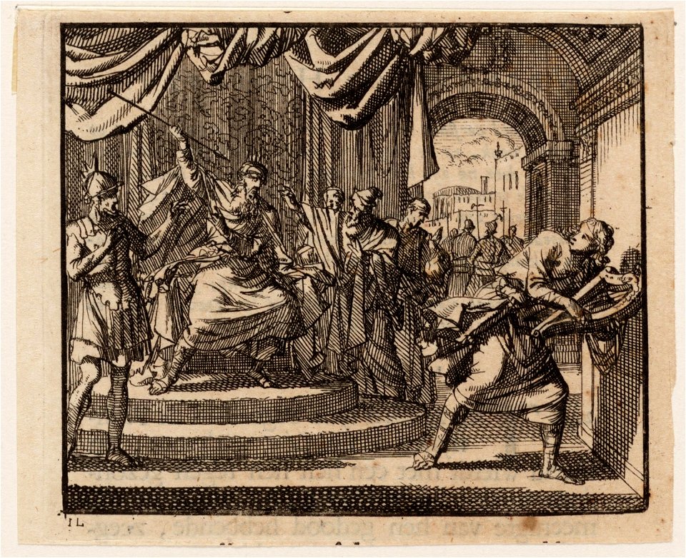 Saul werpt vanaf zijn troon een spies naar de vluchtende David, objectnr A 47825