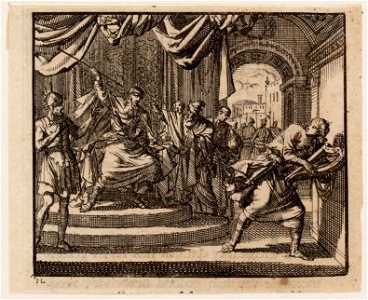 Saul werpt vanaf zijn troon een spies naar de vluchtende David, objectnr A 47825