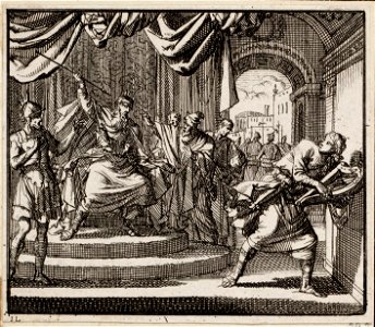 Saul werpt vanaf zijn troon een spies naar de vluchtende David, objectnr A 48191