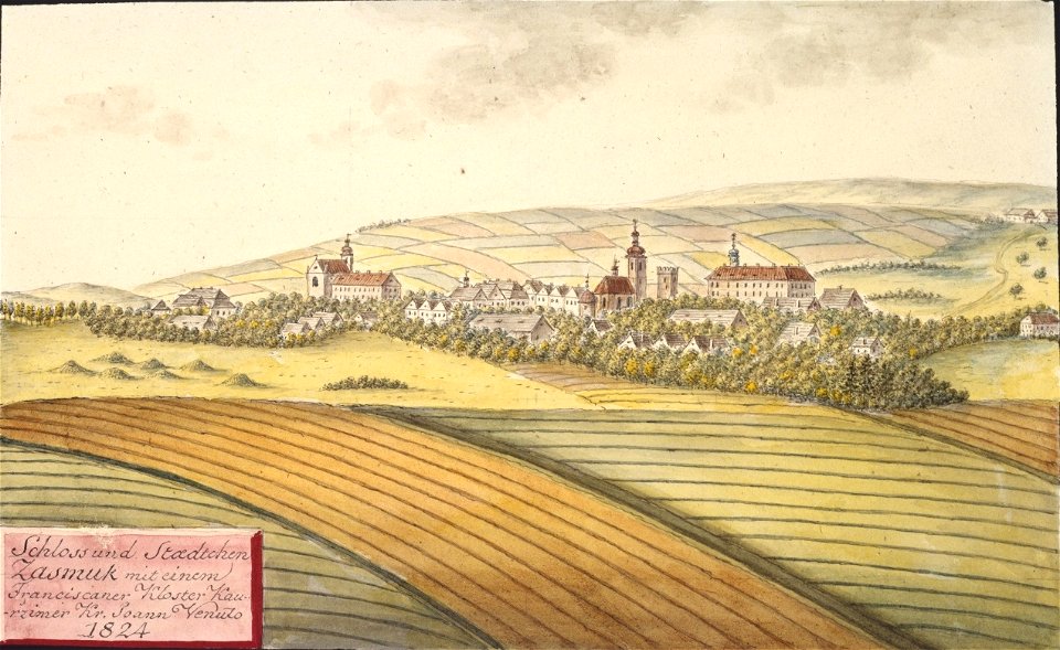 Schloss und Staedtchen Zasmuk mit einem Franciscaner Kloster Kauřzimer Kr. Joann Venuto 1824