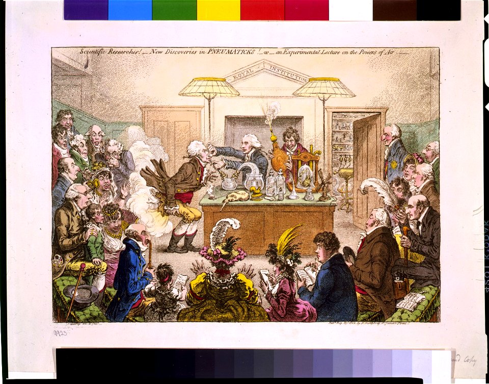 Scientific researches! - New discoveries in pneumaticks! - or - An experimental lecture on the powers of air - -Js. Gillray inv. & fect. LCCN94509819