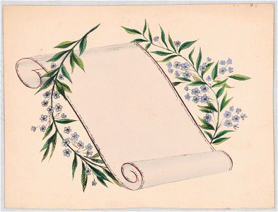 Scroll design with branches and blue flowers LCCN2015645690. Free illustration for personal and commercial use.