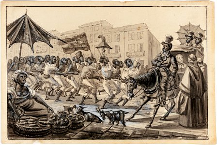 Scène de la Rua Direita. Nègres porteurs de caffé allant toucher le payement de leur journée Negresses vendant des bananes e des oranges - Ecclesiastique en cabriolet, da Coleção Brasiliana Iconográfica