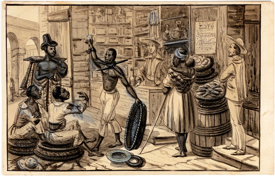 Scène au Pied de la Colline de Ste. Therèse. Partie de l'Acqueduc de Rio Jan Nègre affranchi donnant à boire à ses compatriotes esclaves, da Coleção Brasiliana Iconográfica