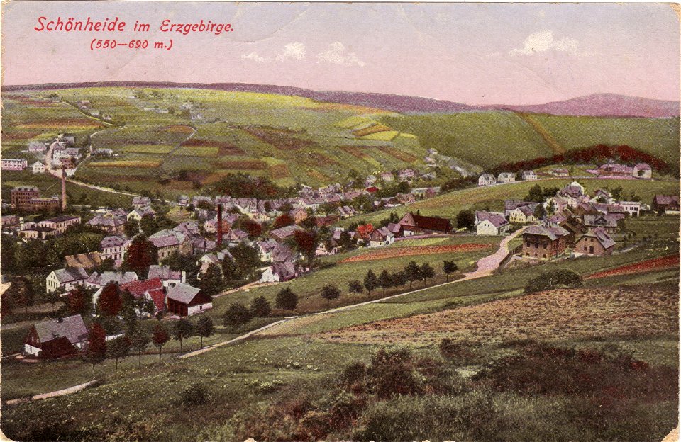 Schönheide unterer Ortsteil vom Ostabhang des Berges Knock aus Ansichtskarte um 1900