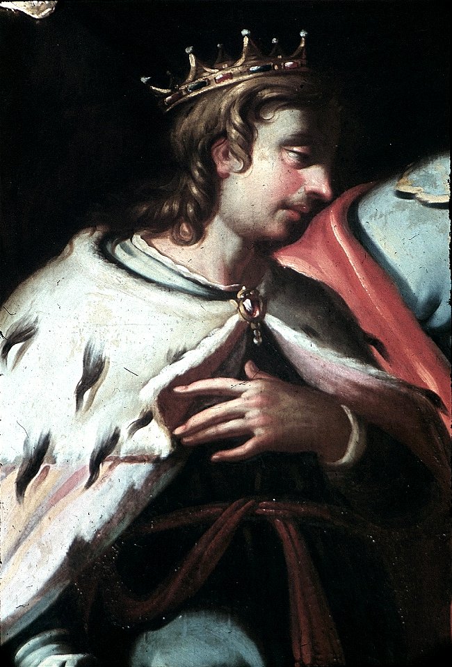 Schwäbisch Hall, Rathaus, Supraporte im Ratssaal Schemajas Abbitte vor David - die Buße Schemajas, Schemaja kniet vor David und David vergibt ihm (Portrait des König David; um 1000 v. Chr.)