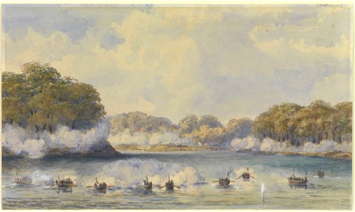 The China War 1857. Wooded creek with firing from shore positions. Ship's boats firing on shore RMG PW0600