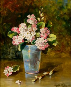 Trailing Arbutus and Pussy Willow in Opalescent Vase by Emily Selinger