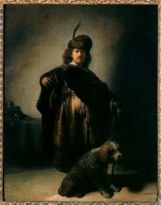 Self-portrait in oriental attire with poodle, by Rembrandt van Rijn