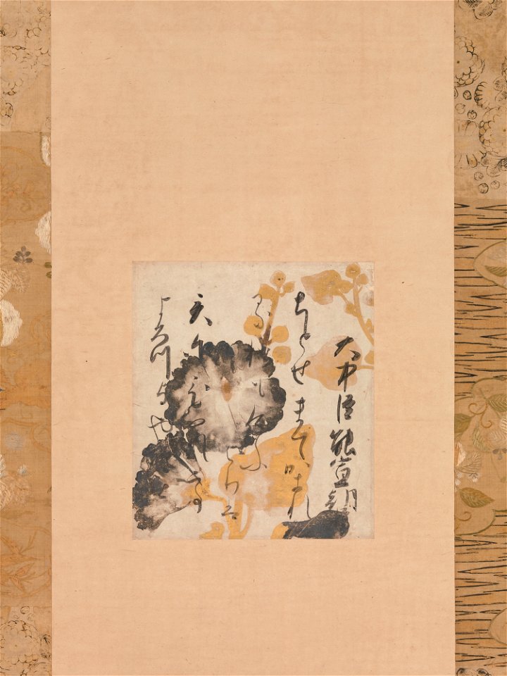 Shōkadō Shōjō - Poem by Onakatomi Yoshinobu with Underpainting of Hollyhocks - 1979.407.1 - Metropolitan Museum of Art
