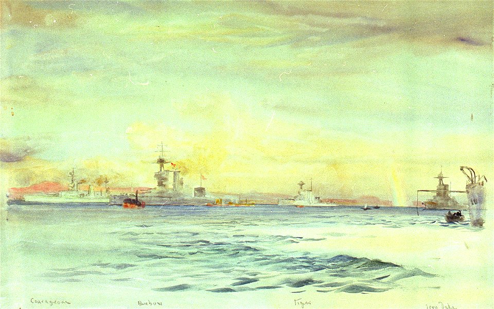 Ships of the Grand Fleet at anchor off a coastline, possibly Scapa Flow RMG PV2613