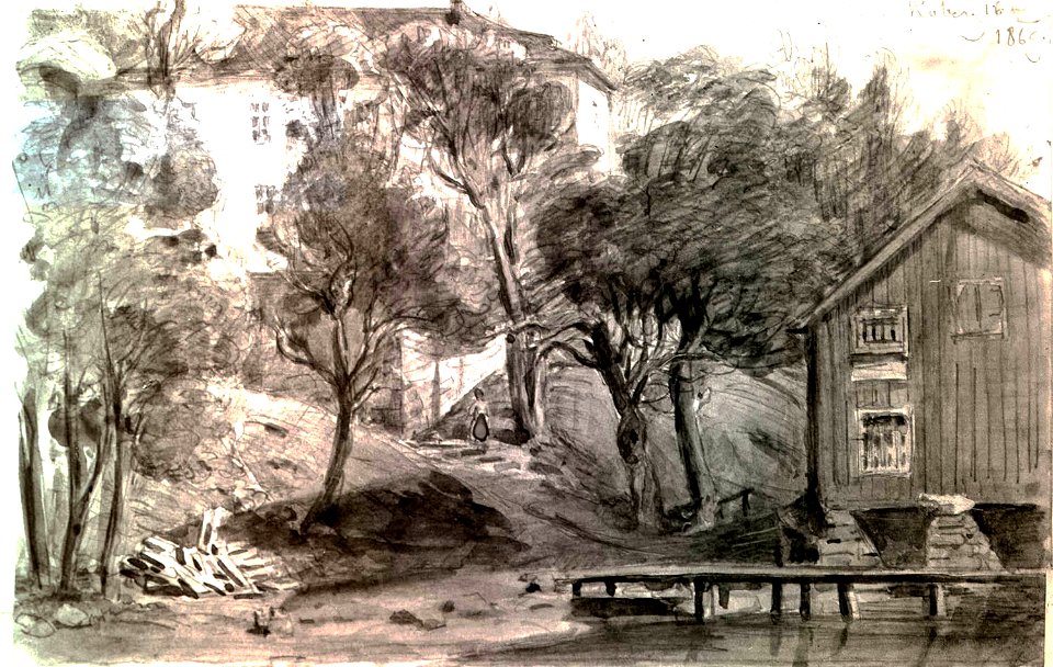 Sjöbod och brygga. Fritz von Dardel, Koberg 1869 - Nordiska Museet - NMA.0035868