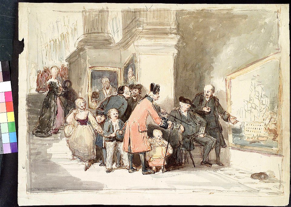 Sketch for 'A Tale of Trafalgar' showing a Greenwich pensioner, a Chelsea pensioner and other visitors in the Painted Hall RMG PY3983