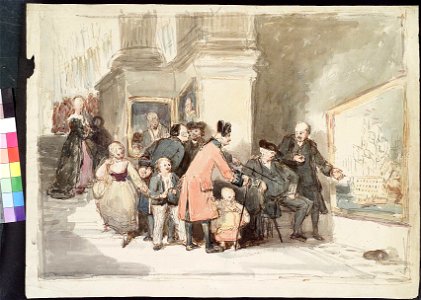 Sketch for 'A Tale of Trafalgar' showing a Greenwich pensioner, a Chelsea pensioner and other visitors in the Painted Hall RMG PY3983