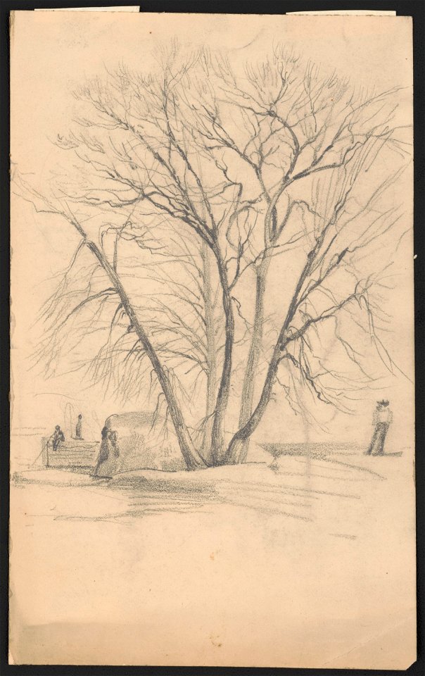 Sketch of a tree in winter beside a boulder at water's edge, a man fishes from a wharf in the background LCCN2016645572