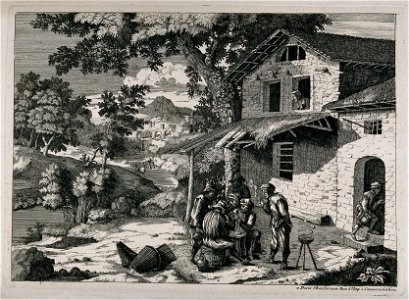 Six men play cards and smoke outside a country inn with a ca Wellcome V0019056