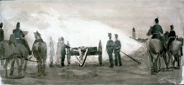 Soldiers, some mounted, with a gun carriage firing a salute or blank RMG PU9950 1