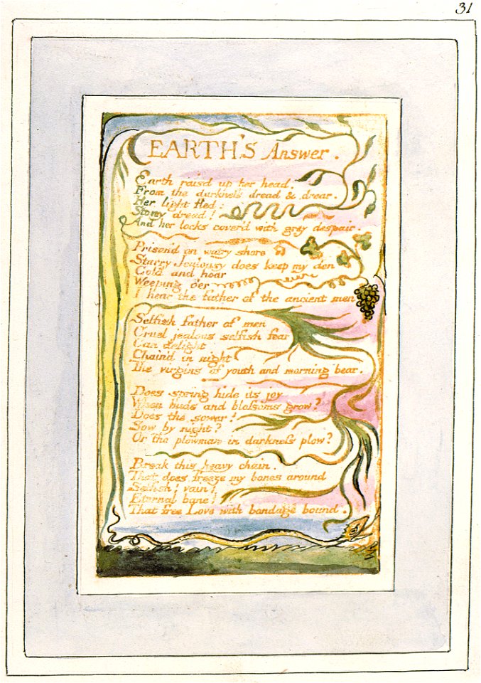 Songs of Innocence and of Experience, copy V, 1821 (Morgan Library and Museum) object 31 Earth's Answer