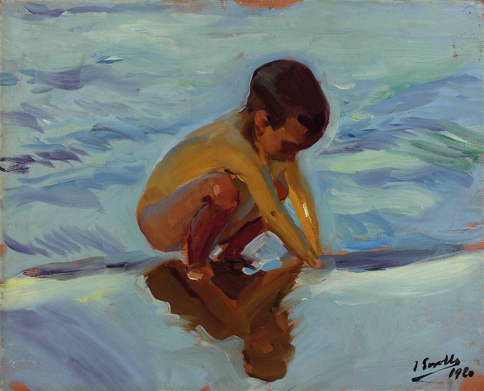 Joaquín Sorolla y Bastida - Contraluz en la playa, Niño agachado (1920)