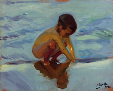 Joaquín Sorolla y Bastida - Contraluz en la playa, Niño agachado (1920)