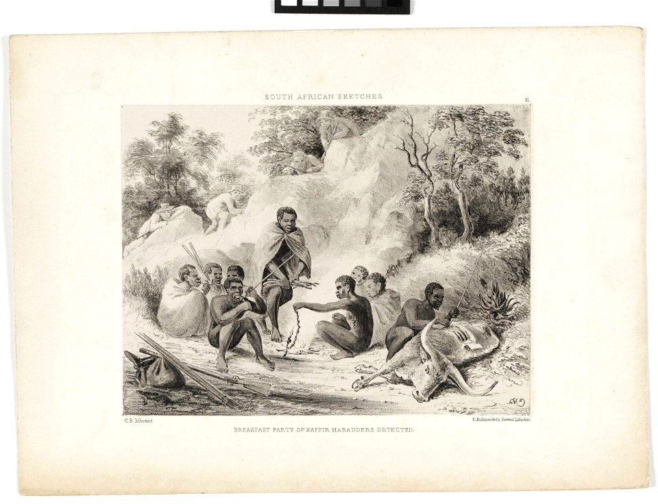 South African Sketches. Plate III. Breakfast Party of Kaffir Marauders detected RMG PY6030
