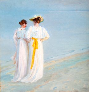 Summer evening on the south Beach of Skagen Michael Ancher Danish 1849-1927. Free illustration for personal and commercial use.