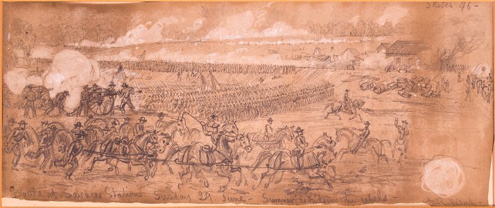 Sumner Repulsing the Rebels, Savage Station Virginia, drawing by Alfred Rudolph Waud. Free illustration for personal and commercial use.