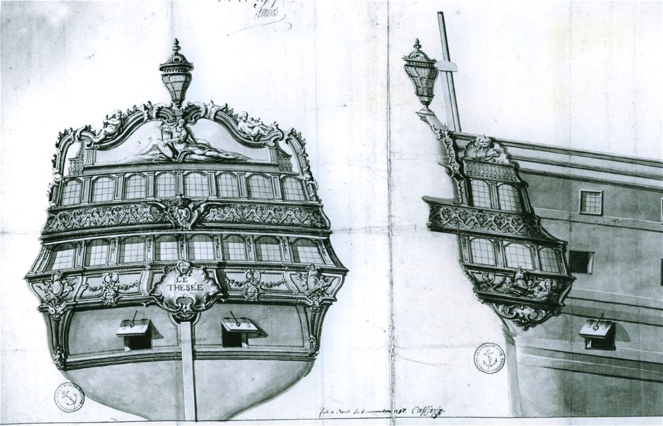 Tableau arrière et bouteilles du vaisseau de ligne le Thésée (1757 - 1759)