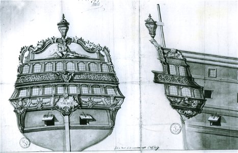 Tableau arrière et bouteilles du vaisseau de ligne le Thésée (1757 - 1759)
